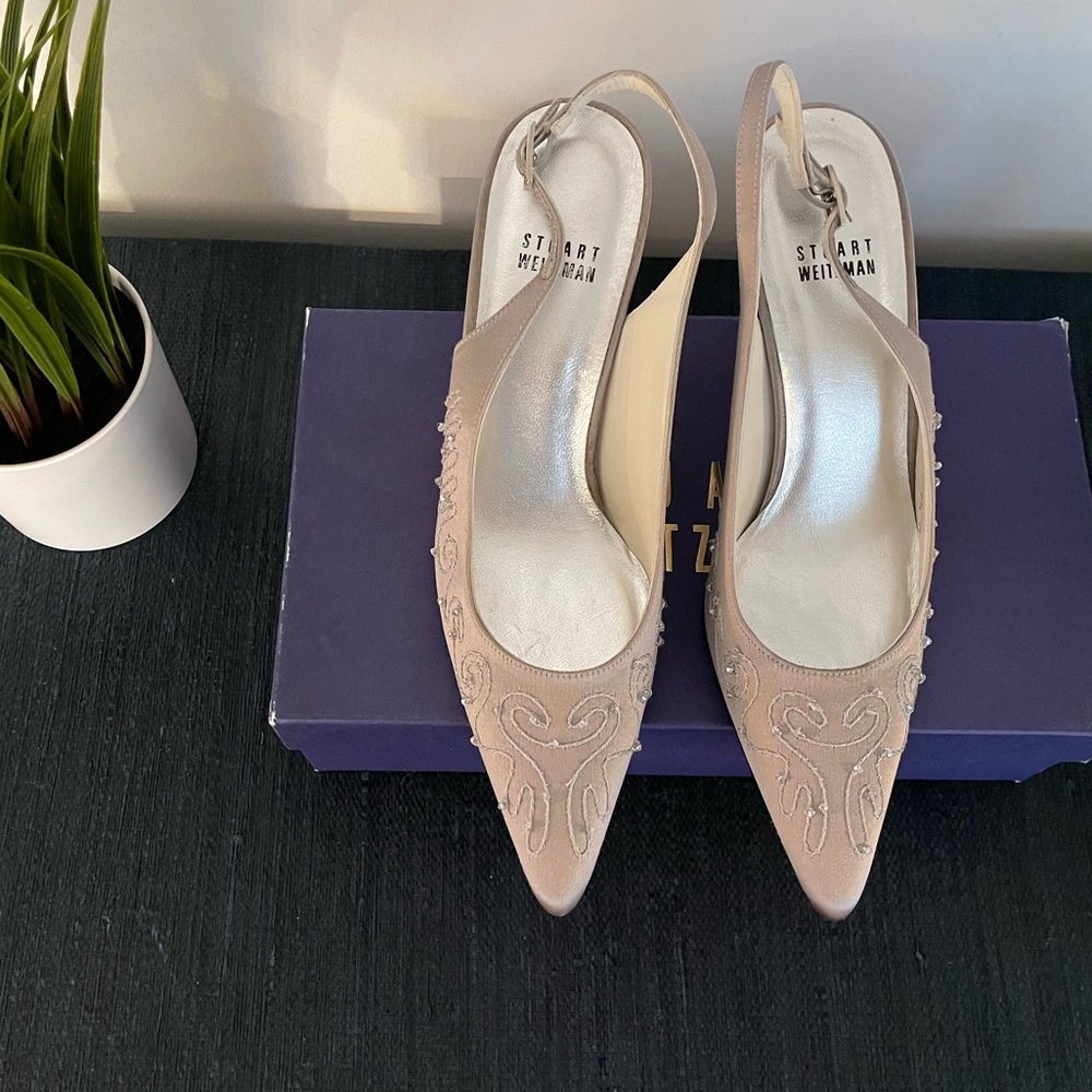 Stuart Weitzman Lustruos Taupe Satin Slingbacks